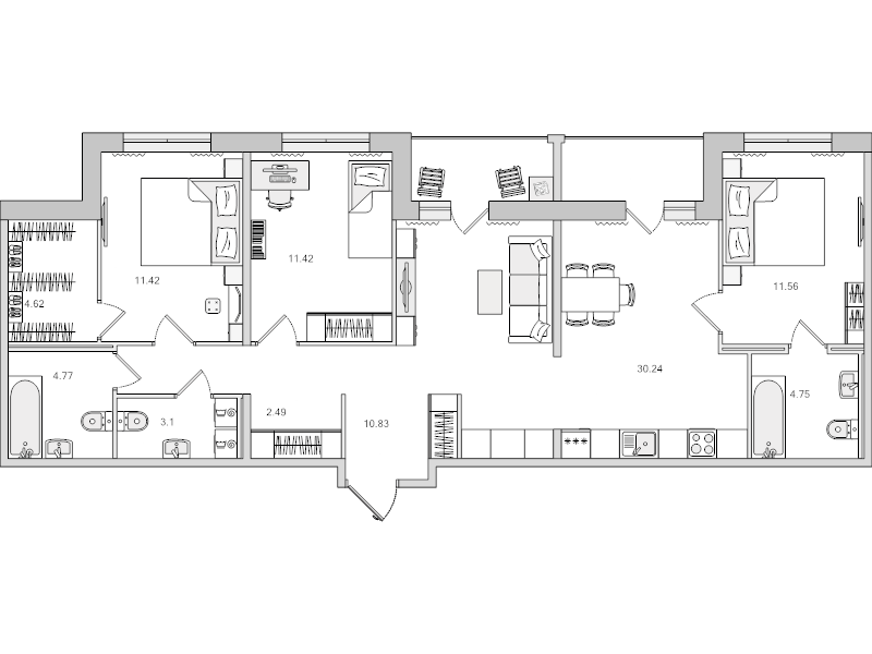 4-комнатная (Евро) квартира, 102.66 м² в ЖК "Dreamline" - планировка, фото №1