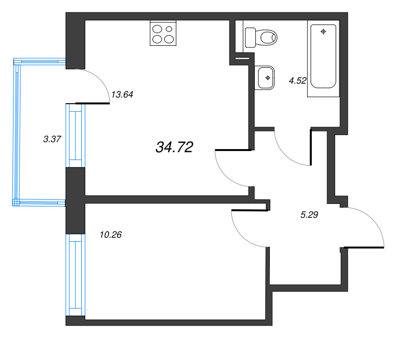 1-комнатная квартира, 37.08 м² - планировка, фото №1