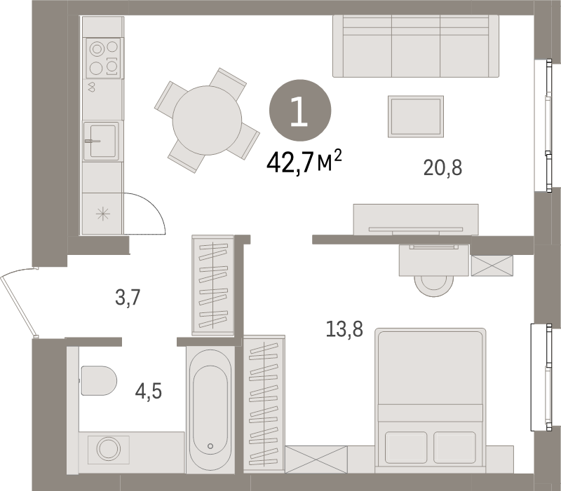 2-комнатная (Евро) квартира, 42.7 м² в ЖК "Брусника в Новоселье" - планировка, фото №1