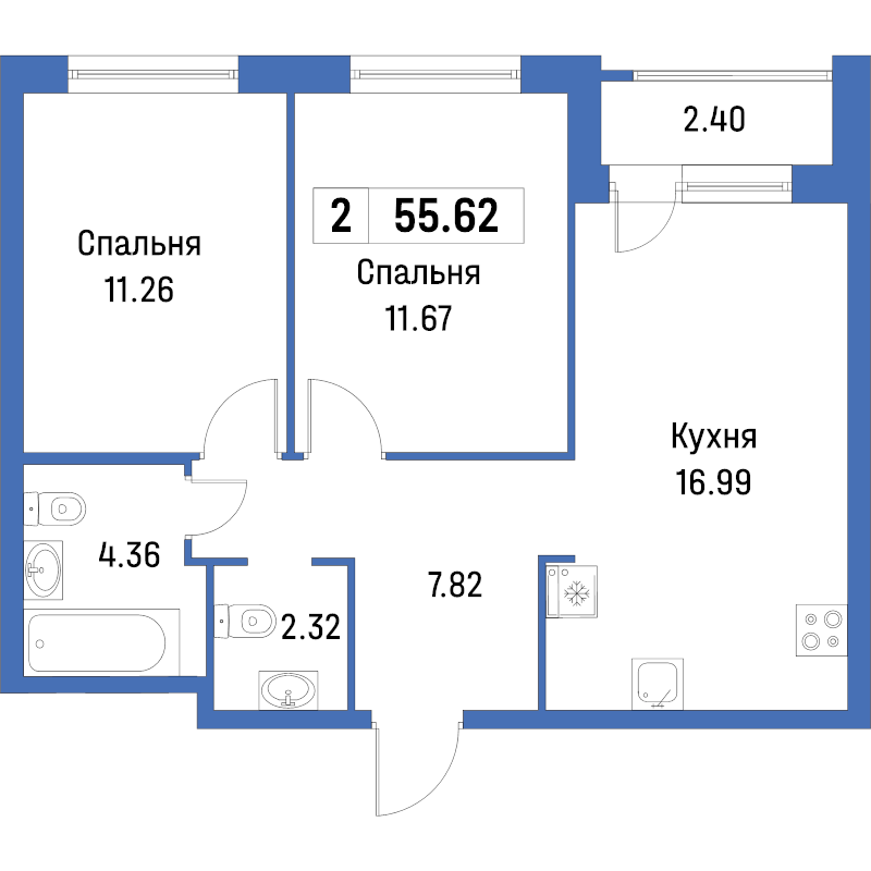 3-комнатная (Евро) квартира, 55.62 м² в ЖК "Урбанист" - планировка, фото №1