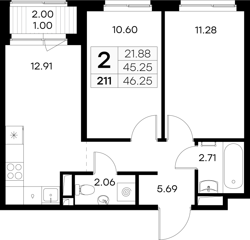 2-комнатная квартира, 46.25 м² в ЖК "GloraX Новоселье" - планировка, фото №1