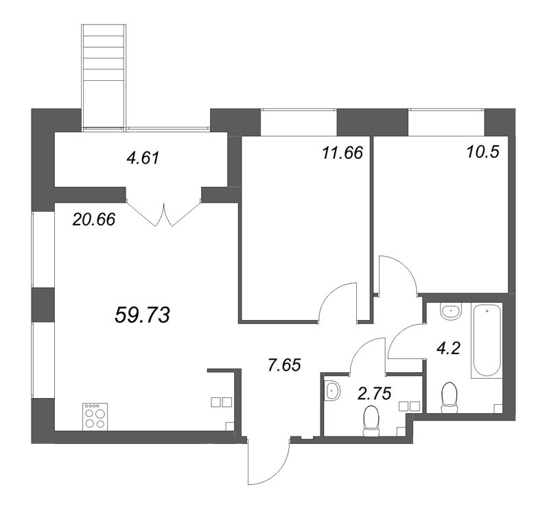 3-комнатная (Евро) квартира, 59.73 м² - планировка, фото №1