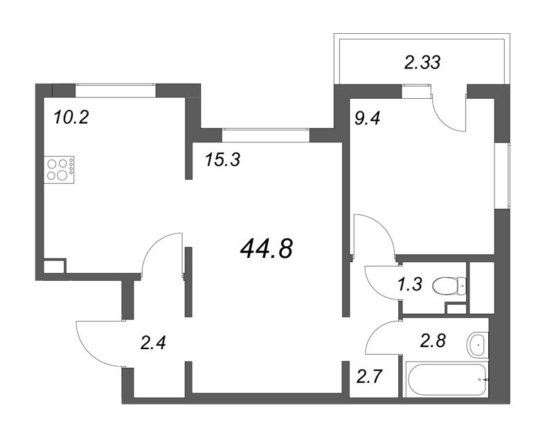 2-комнатная квартира, 44.8 м² - планировка, фото №1