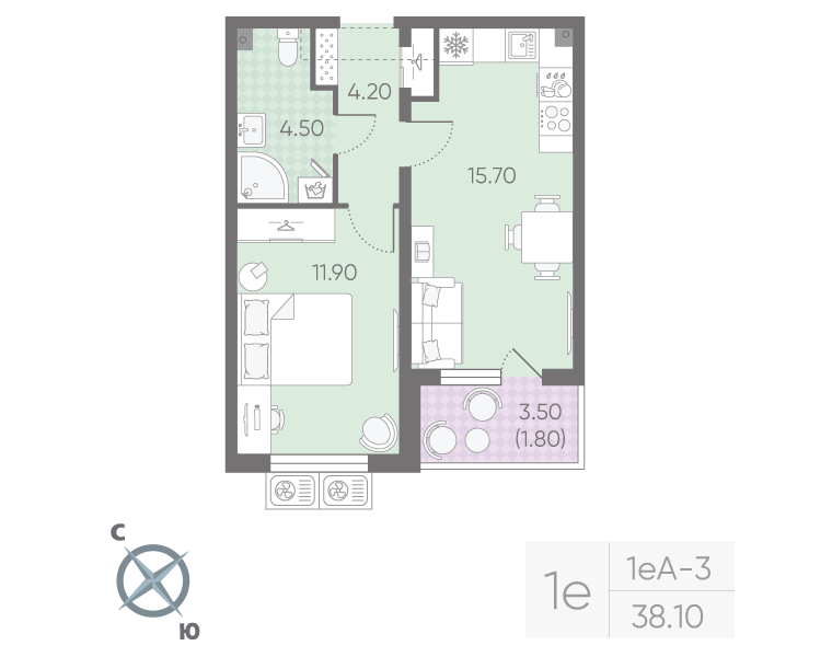 2-комнатная (Евро) квартира, 38.1 м² в ЖК "Ручьи" - планировка, фото №1