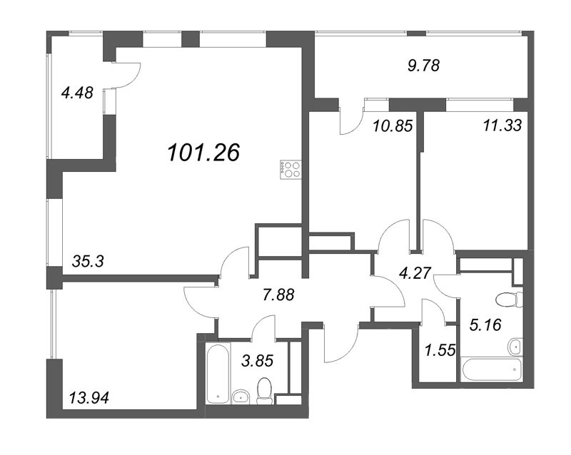 4-комнатная (Евро) квартира, 101.26 м² - планировка, фото №1