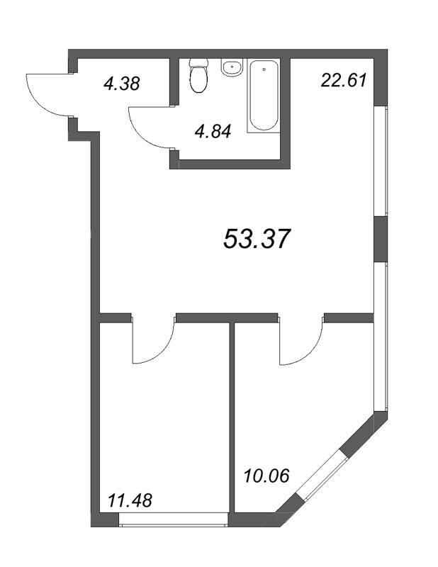 3-комнатная (Евро) квартира, 53.37 м² в ЖК "Life Apart Октябрьская" - планировка, фото №1