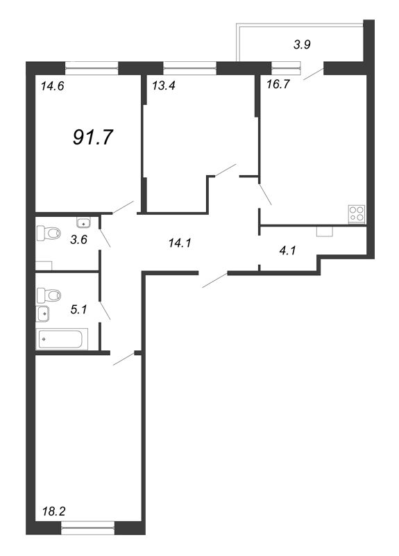 3-комнатная квартира, 93.1 м² - планировка, фото №1