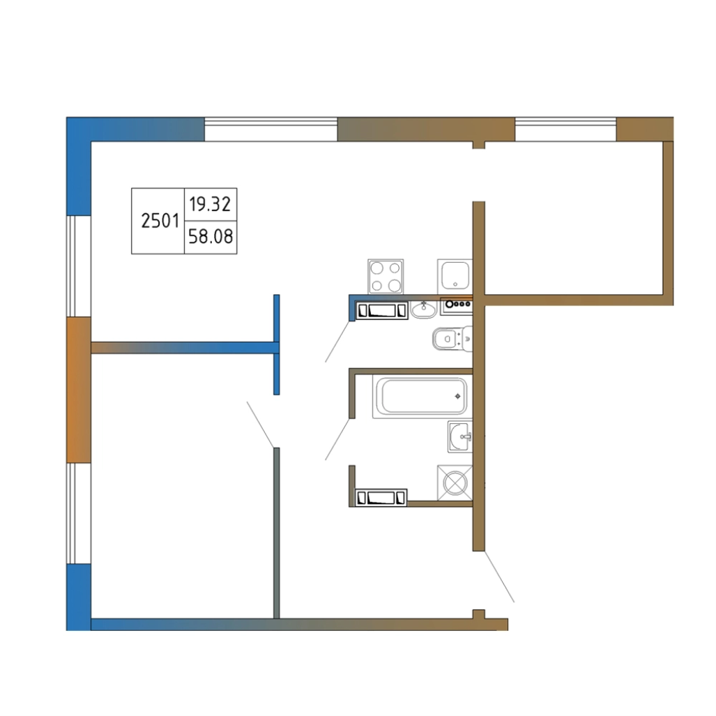 2-комнатная квартира, 58.08 м² в ЖК "Атмосфера Выборга" - планировка, фото №1