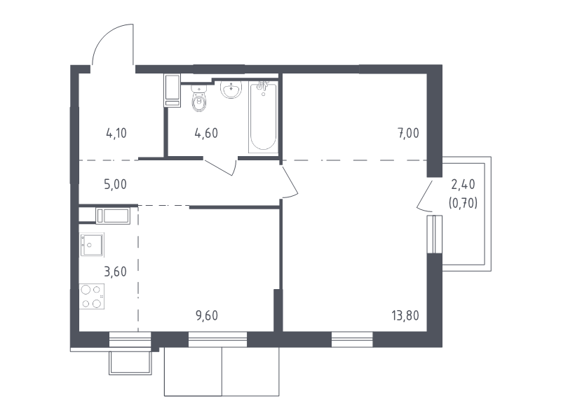 1-комнатная квартира, 48.4 м² - планировка, фото №1
