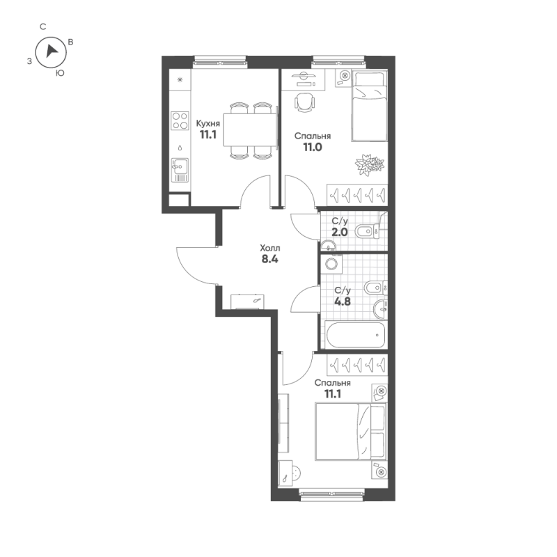 2-комнатная квартира, 48.4 м² в ЖК "Клюква.Парк" - планировка, фото №1