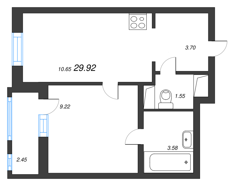 1-комнатная квартира, 29.92 м² - планировка, фото №1