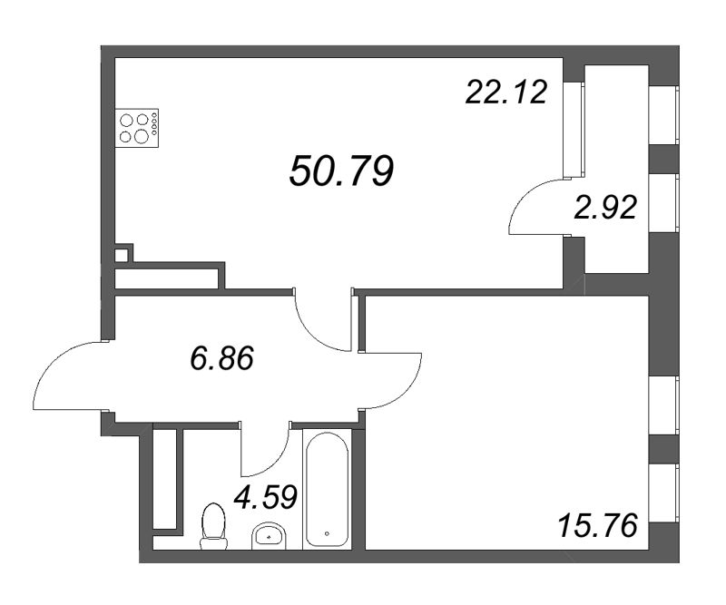 2-комнатная (Евро) квартира, 50.8 м² в ЖК "Дефанс Премиум" - планировка, фото №1