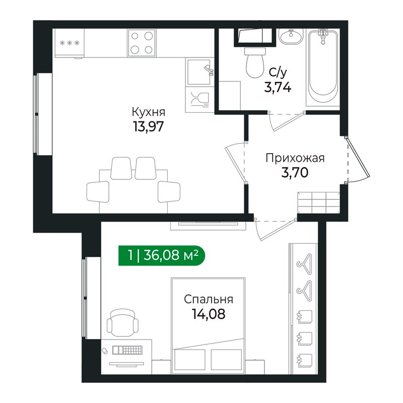 1-комнатная квартира, 35.2 м² в ЖК "Сертолово Парк" - планировка, фото №1