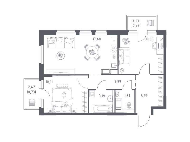 3-комнатная (Евро) квартира, 54.72 м² в ЖК "Новое Колпино" - планировка, фото №1