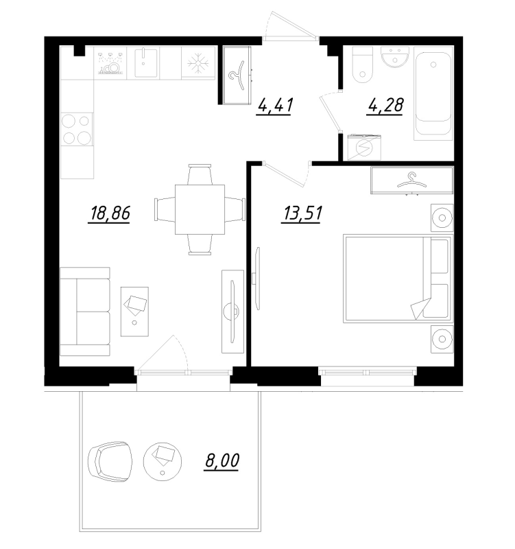 2-комнатная (Евро) квартира, 43.5 м² - планировка, фото №1