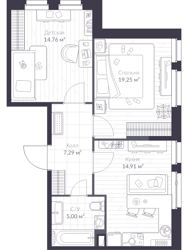 2-комнатная квартира, 61.2 м² - планировка, фото №1