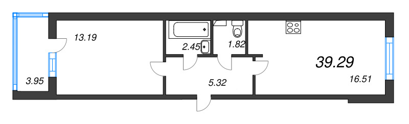 2-комнатная (Евро) квартира, 39.29 м² в ЖК "Любоград" - планировка, фото №1