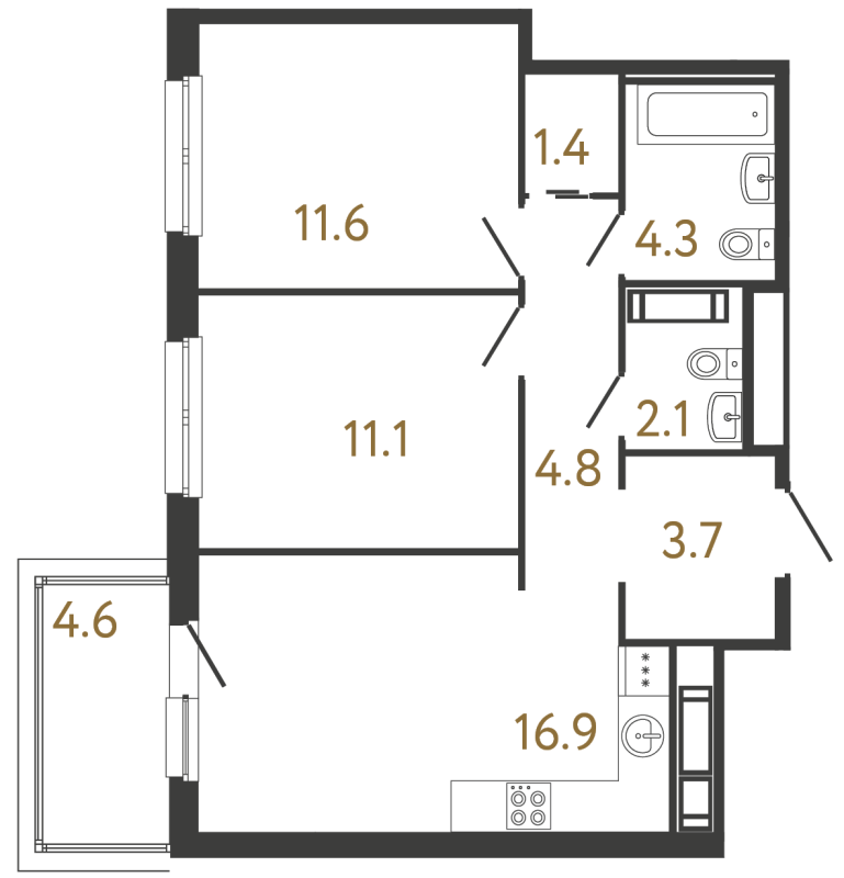 3-комнатная (Евро) квартира, 55.9 м² в ЖК "Передвижники" - планировка, фото №1