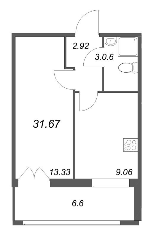 1-комнатная квартира, 31.67 м² в ЖК "Рождественский квартал" - планировка, фото №1
