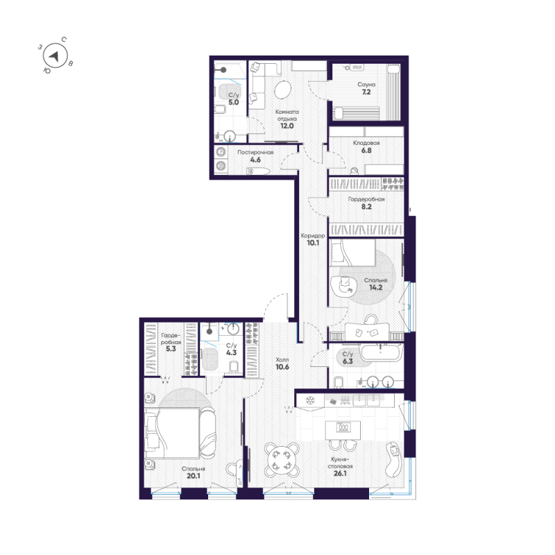 4-комнатная (Евро) квартира, 140.8 м² в ЖК "ЛДМ" - планировка, фото №1