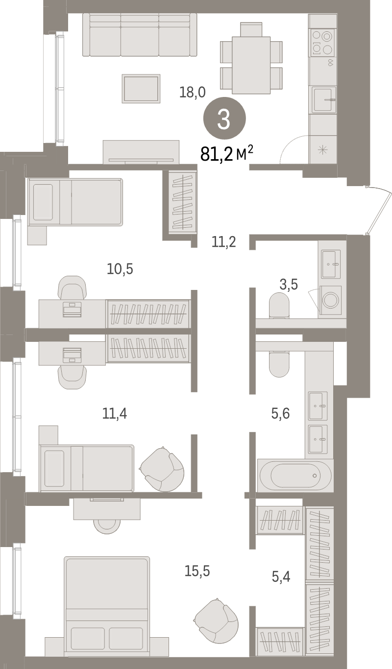 4-комнатная (Евро) квартира, 81.2 м² в ЖК "Брусника в Новоселье" - планировка, фото №1