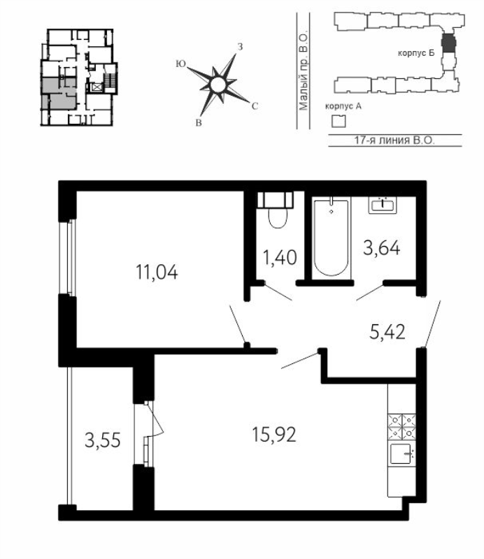 2-комнатная (Евро) квартира, 39.2 м² в ЖК "17-я линия" - планировка, фото №1