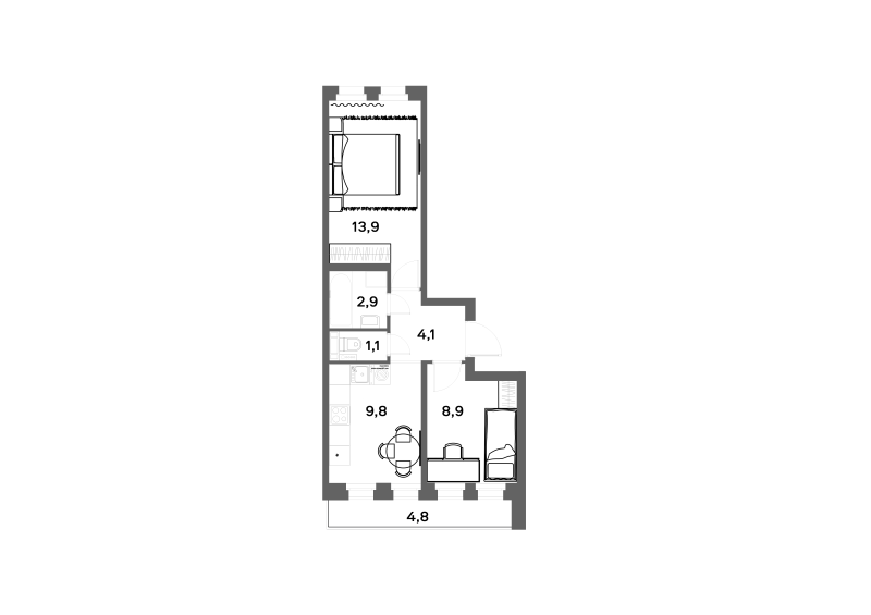 2-комнатная квартира, 42.1 м² - планировка, фото №1
