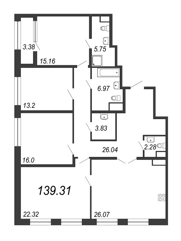 5-комнатная (Евро) квартира, 139.31 м² в ЖК "Дефанс Премиум" - планировка, фото №1