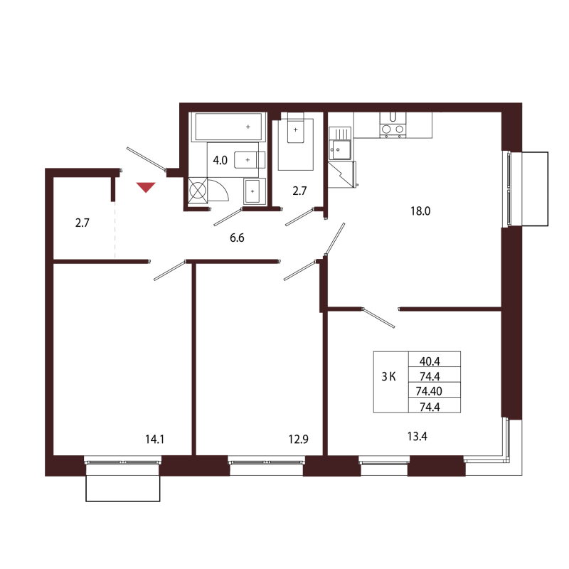 4-комнатная (Евро) квартира, 74.4 м² в ЖК "Лисино" - планировка, фото №1