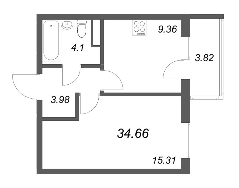 1-комнатная квартира, 34.66 м² - планировка, фото №1