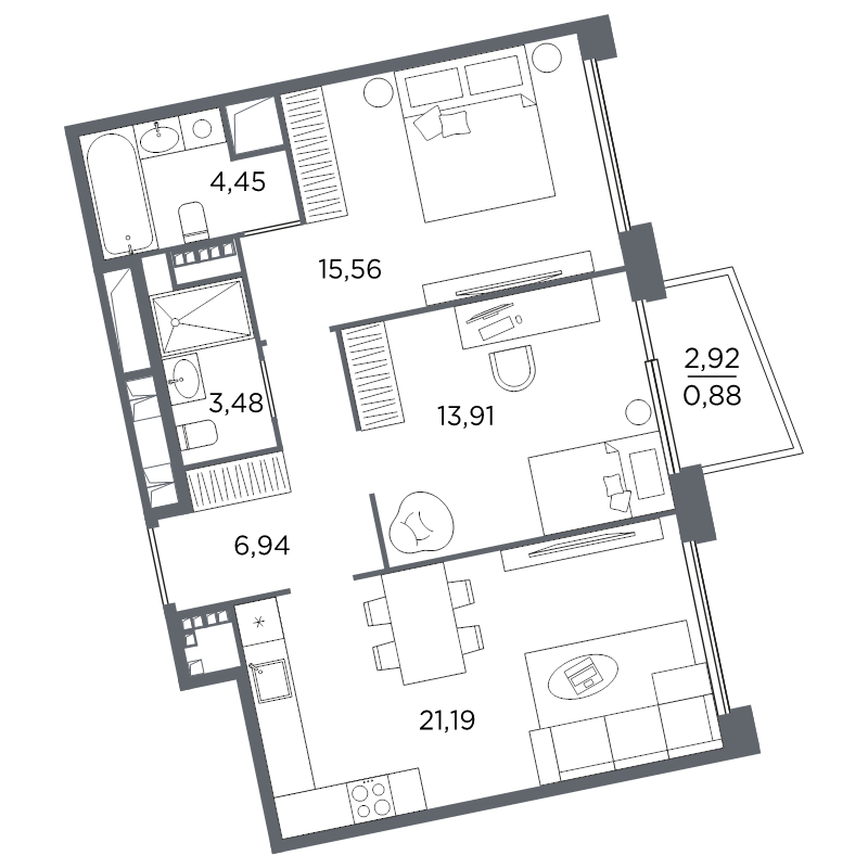 3-комнатная (Евро) квартира, 66.41 м² в ЖК "Акватория" - планировка, фото №1