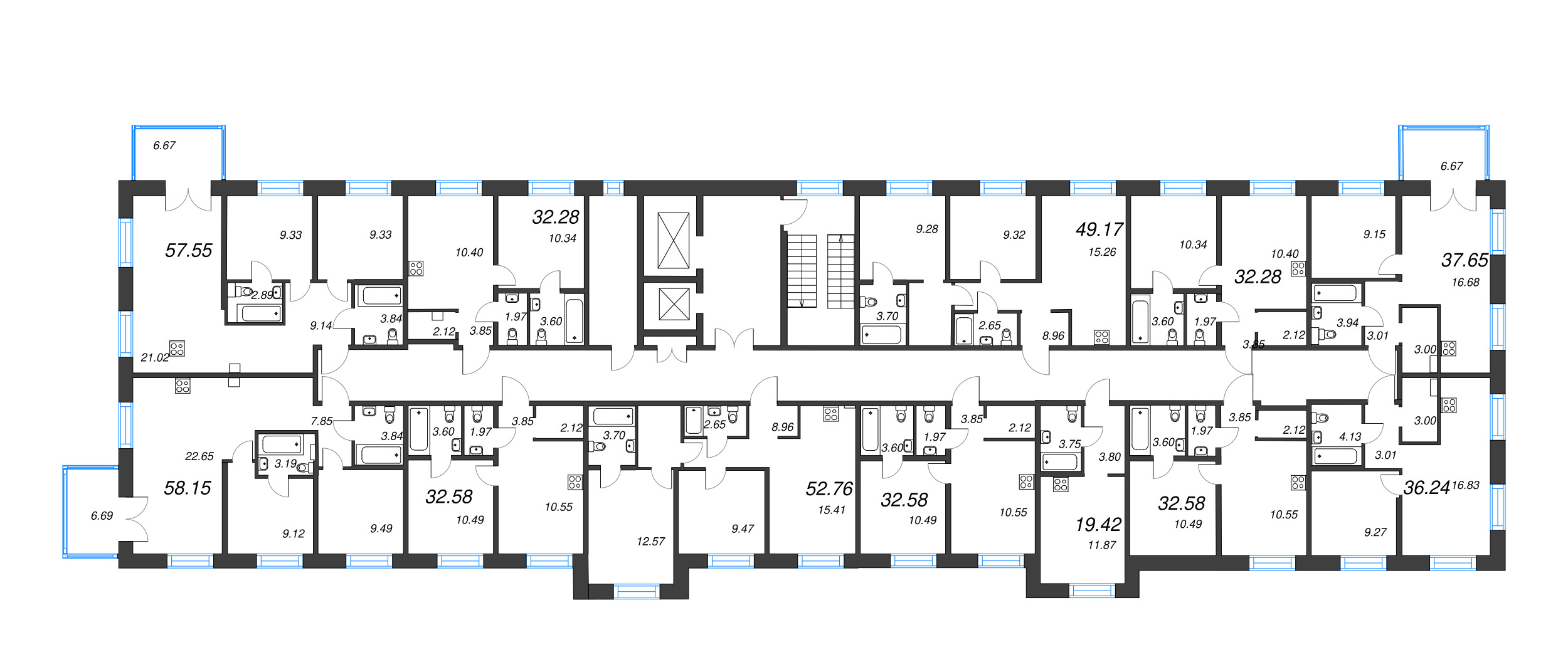 3-комнатная (Евро) квартира, 52.76 м² в ЖК "Alpen" - планировка этажа