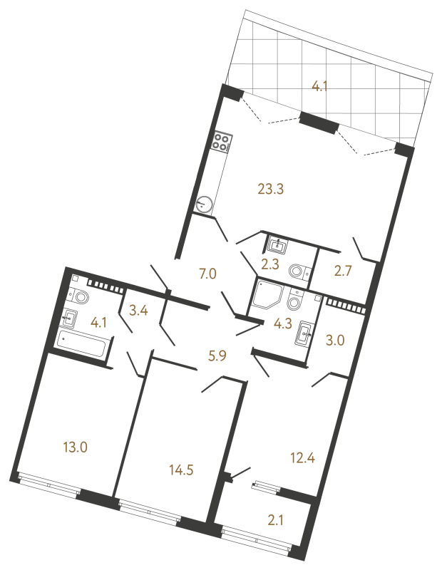 4-комнатная (Евро) квартира, 95.9 м² в ЖК "МИРЪ" - планировка, фото №1