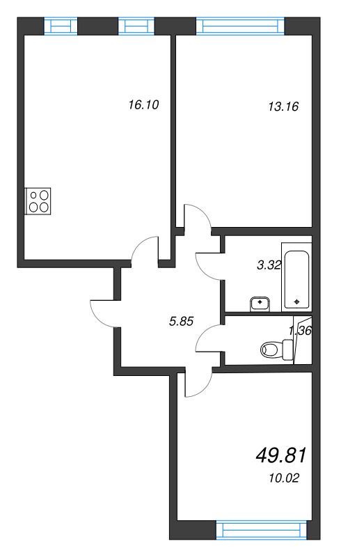 3-комнатная (Евро) квартира, 49.81 м² в ЖК "AEROCITY" - планировка, фото №1