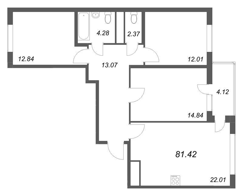 4-комнатная (Евро) квартира, 81.42 м² в ЖК "Ясно.Янино" - планировка, фото №1