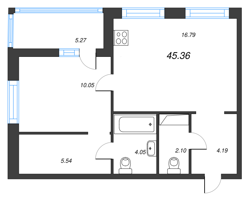 2-комнатная (Евро) квартира, 47.99 м² - планировка, фото №1