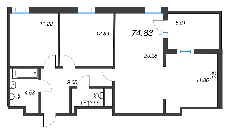 3-комнатная (Евро) квартира, 74.83 м² в ЖК "Рощино Residence" - планировка, фото №1