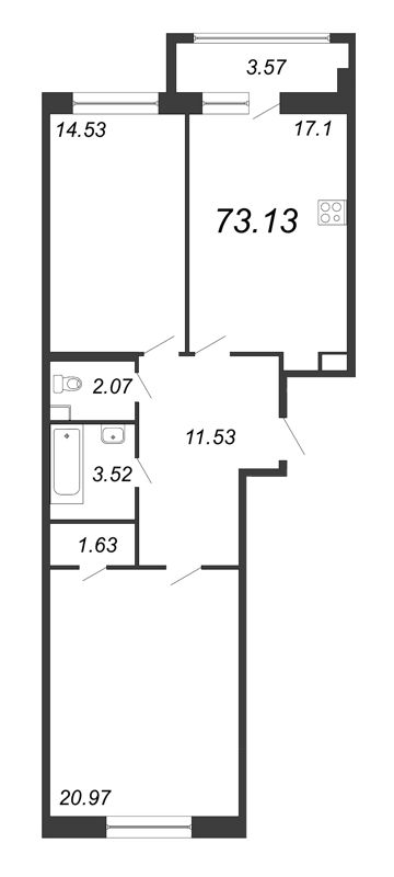 3-комнатная (Евро) квартира, 73.13 м² - планировка, фото №1