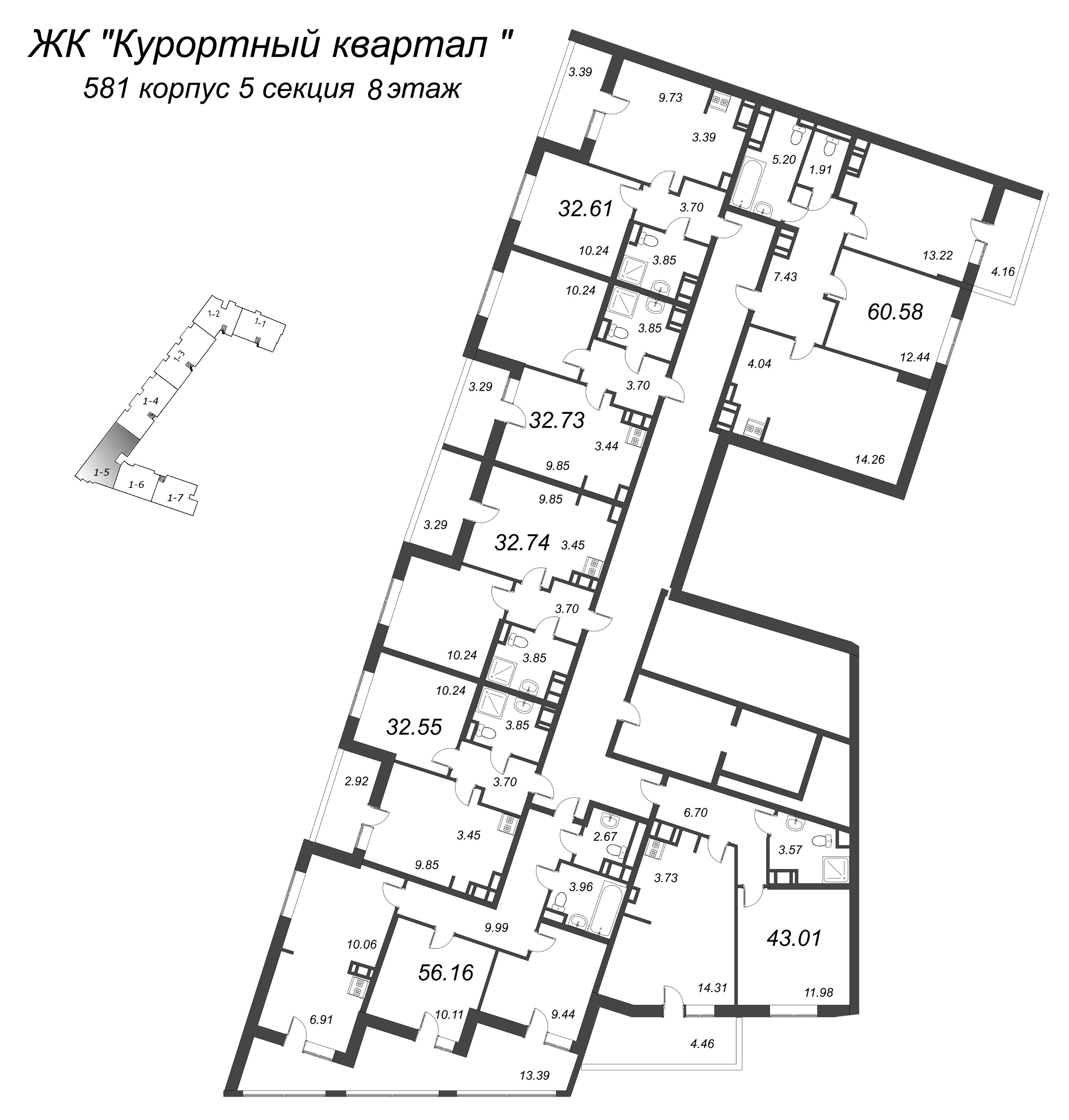 3-комнатная (Евро) квартира, 56.2 м² - планировка этажа
