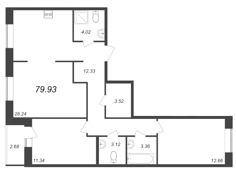 3-комнатная (Евро) квартира, 79.93 м² - планировка, фото №1