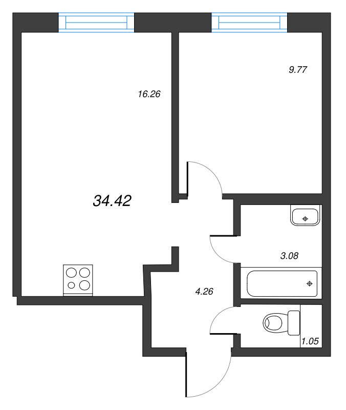 2-комнатная (Евро) квартира, 34.42 м² в ЖК "Старлайт" - планировка, фото №1