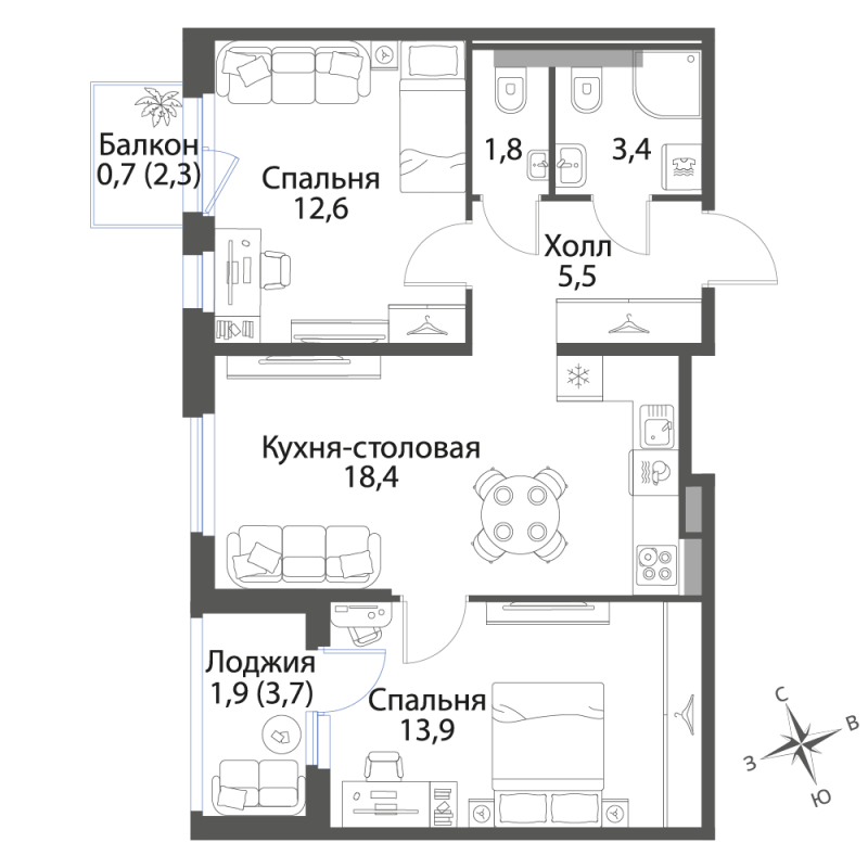 3-комнатная (Евро) квартира, 58.2 м² в ЖК "Экография" - планировка, фото №1