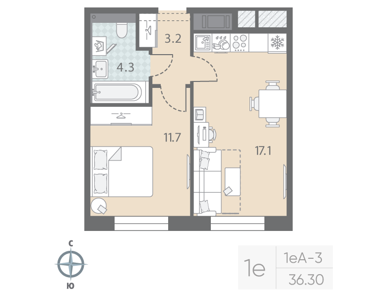 2-комнатная (Евро) квартира, 36.3 м² в ЖК "Большая Охта" - планировка, фото №1
