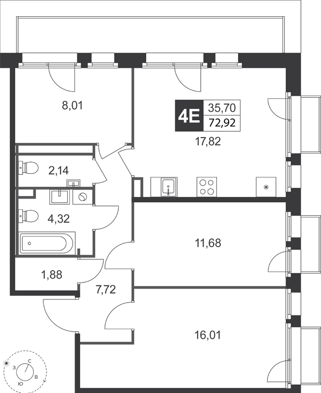 4-комнатная квартира, 72.93 м² в ЖК "Слобода" - планировка, фото №1
