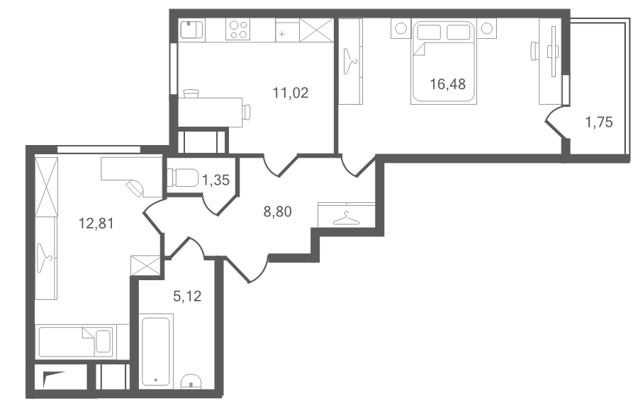 2-комнатная квартира, 57.33 м² в ЖК "Ювента" - планировка, фото №1