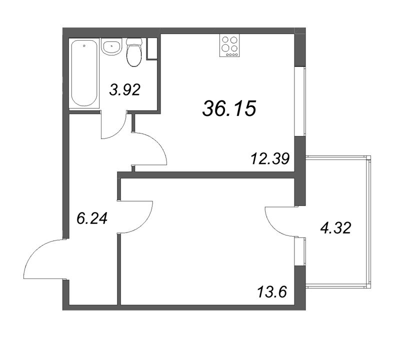 1-комнатная квартира, 36.15 м² в ЖК "Любоград" - планировка, фото №1