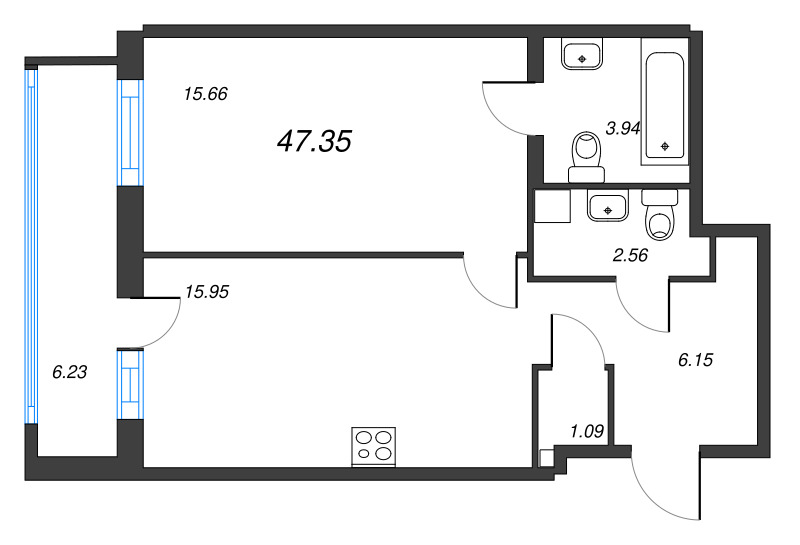 2-комнатная (Евро) квартира, 48.45 м² - планировка, фото №1