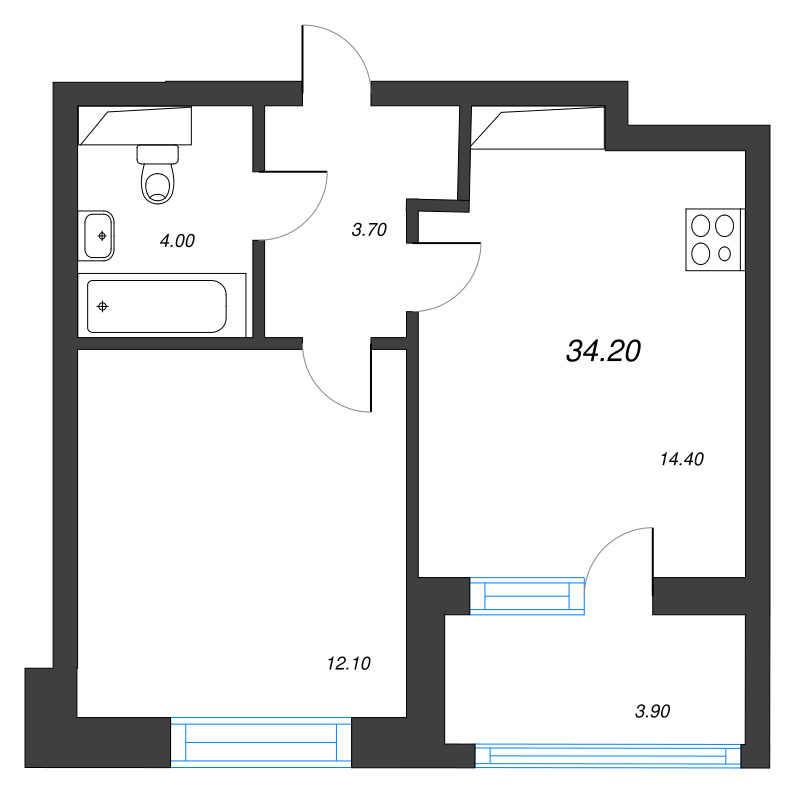1-комнатная квартира, 34.2 м² в ЖК "М36" - планировка, фото №1