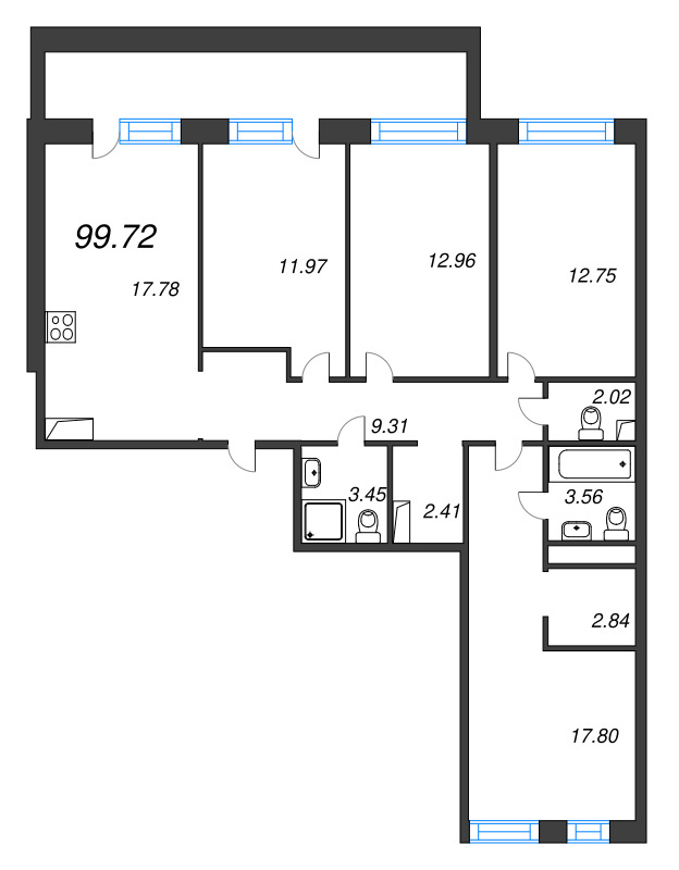 5-комнатная (Евро) квартира, 99.72 м² в ЖК "Avant" - планировка, фото №1