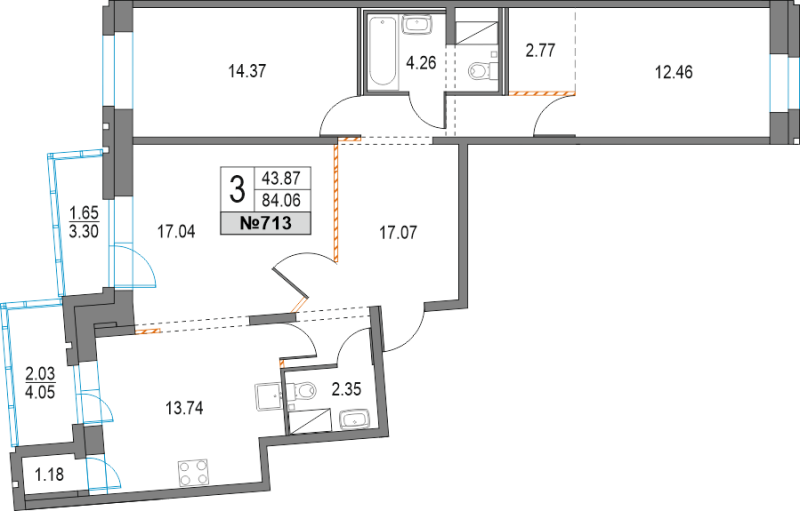 3-комнатная квартира, 84.06 м² - планировка, фото №1